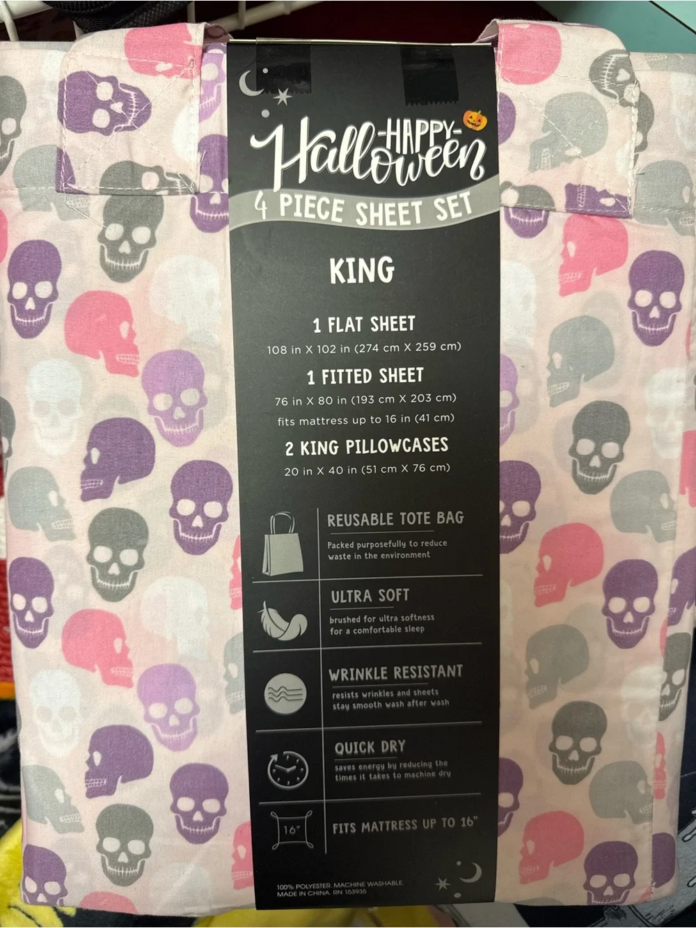 Happy Halloween King Sheet Set - Pink, Purple & Gray Skull Pattern